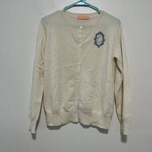 Jefferson Lane Ivory Cashmere Cardigan Blue Embroidered Flower Detail Size Small